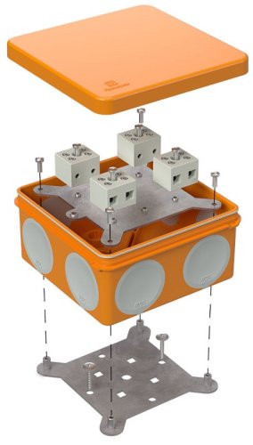 Коробка огнестойкая Промрукав 100x100x50мм под пистолет 8x6мм IP66 оранжевый Коробка огнестойкая Промрукав 100x100x50мм под пистолет 8x6мм IP66 оранжевый