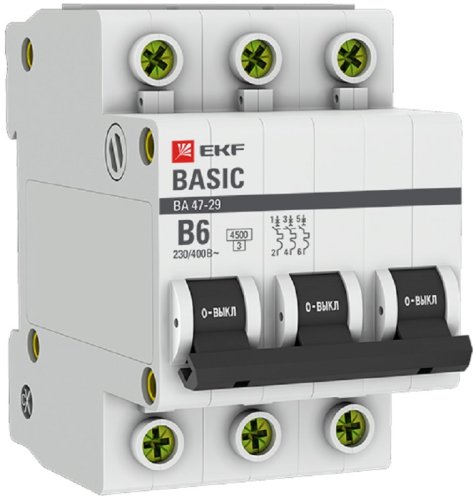 Выключатель автоматический EKF Basic ВА47-29 3п 6А B 4.5кА картинка