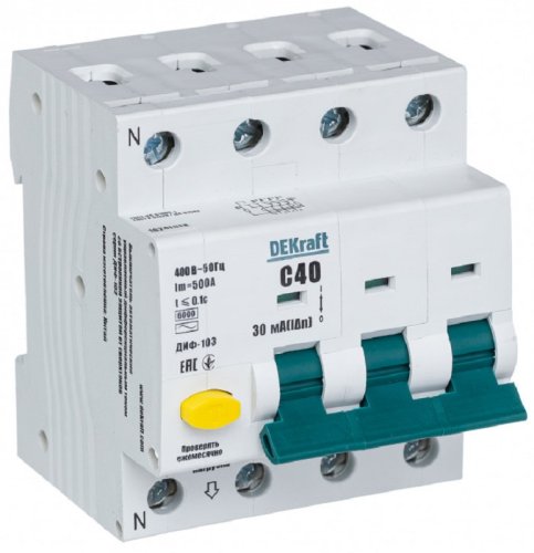 Автомат дифференциального тока АВДТ DEKraft ДИФ-103 4п (3п+N) 50А 100мА 6кА C тип A картинка фото 2