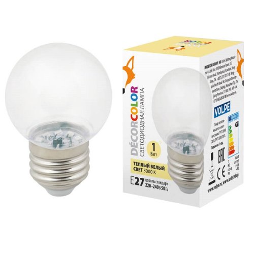 Лампа светодиодная Volpe LED-G45-1W/3000K/E27/CL/С G45 Шар 220В Е27 1Вт 3000K 45х82мм картинка  фото 2