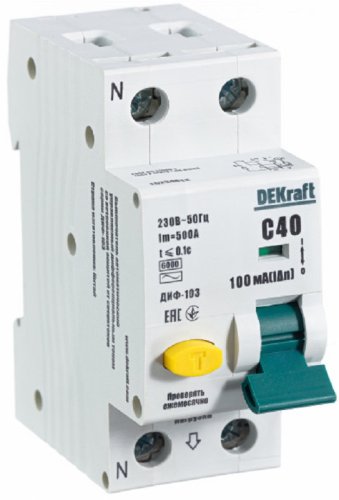 Автомат дифференциального тока АВДТ DEKraft ДИФ-103 2п (1п+N) 40А 100мА 6кА C тип AC картинка