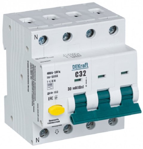 Автомат дифференциального тока АВДТ DEKraft ДИФ-103 4п (3п+N) 32А 30мА 6кА C тип AC картинка фото 2