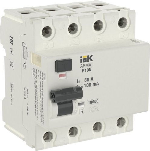 Выключатель дифференциального тока УЗО IEK ARMAT R10N 4п 80А 100мА 10кА тип A-S картинка