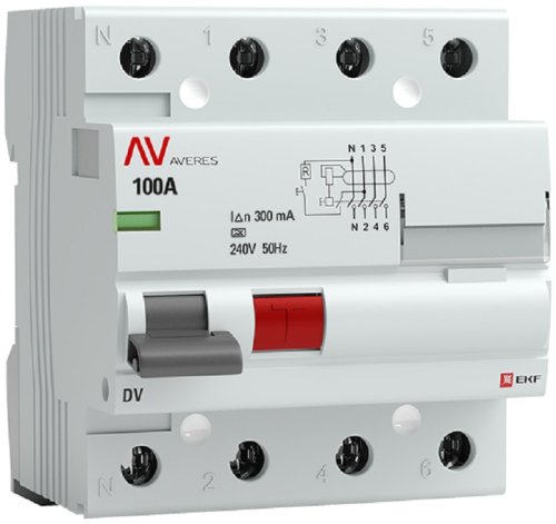 Выключатель дифференциального тока УЗО EKF Averes DV 4п 100А 300мА 10кА тип AC картинка