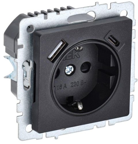 Розетка с заземлением +2xUSB тип A+C без рамки IEK Brite РЮш11-1-БрЧ 1-м. черный картинка