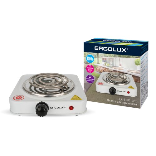 Электроплитка одноконфорочная спиральная Ergolux ELX-EP01-C01 ТЭН 1,0 кВт/220В Белая