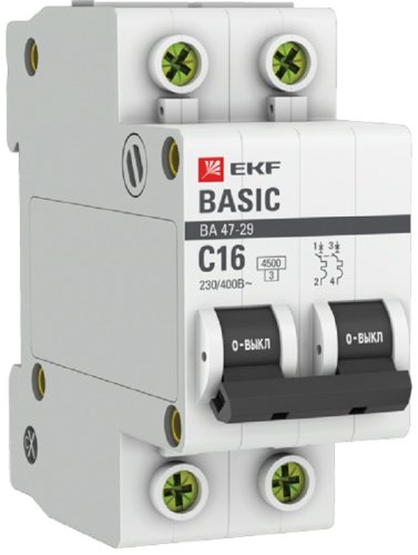 Выключатель автоматический EKF Basic ВА47-29 2п 16А C 4.5кА картинка