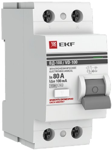 Выключатель дифференциального тока УЗО EKF PROxima ВД-100 2п 80А 100мА 4,5,кА тип AC картинка