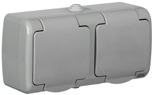 Розетка с заземлением накладная IEK Aquatic РСш22-2-А 2-м. крышка шторки IP54 серый картинка