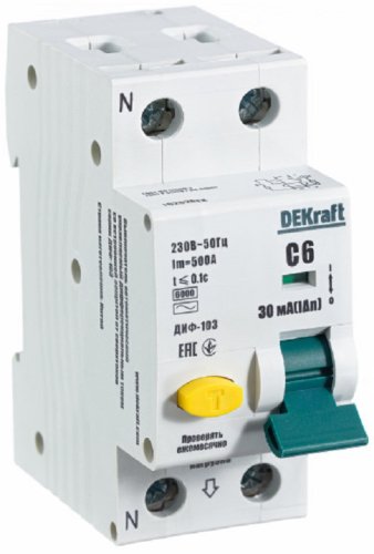 Автомат дифференциального тока АВДТ DEKraft ДИФ-103 2п (1п+N) 6А 30мА 6кА C тип AC картинка