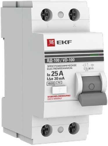 Выключатель дифференциального тока УЗО EKF PROxima ВД-100 2п 25А 30мА 4,5,кА тип AC картинка