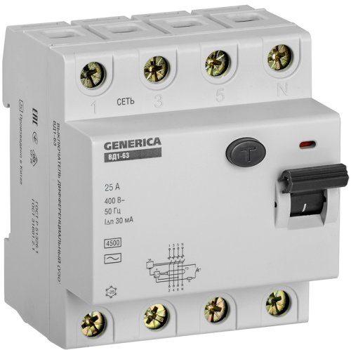 Выключатель дифференциального тока УЗО IEK GENERICA ВД1-63 4п 25А 30мА 4,5,кА тип AC картинка