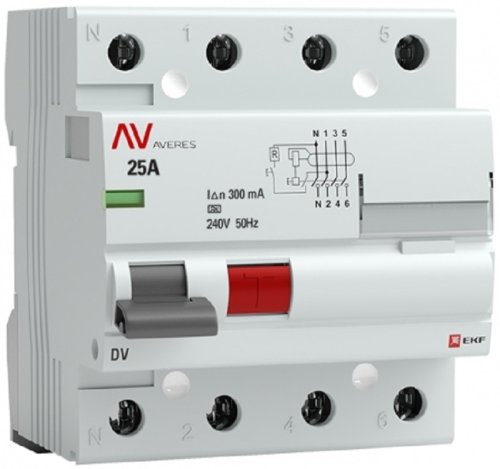 Выключатель дифференциального тока УЗО EKF Averes DV 4п 25А 300мА 10кА тип AC картинка