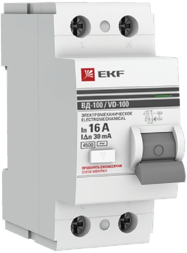 Выключатель дифференциального тока УЗО EKF PROxima ВД-100 2п 16А 10мА 4,5,кА тип AC картинка