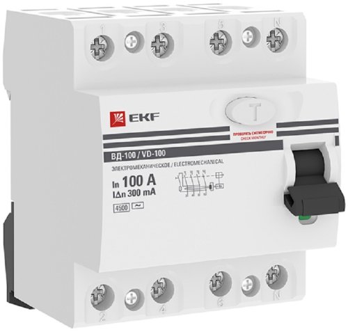 Выключатель дифференциального тока УЗО EKF PROxima ВД-100 4п 100А 300мА 4,5,кА тип AC картинка