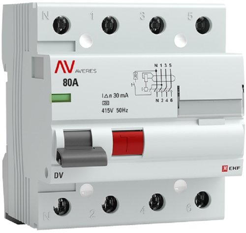 Выключатель дифференциального тока УЗО EKF Averes DV 4п 80А 30мА 10кА тип AC картинка