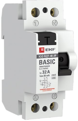 Выключатель дифференциального тока УЗО EKF Basic ВДТ-40 2п 32А 30мА 4,5,кА тип AC картинка