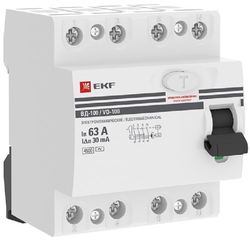 Выключатель дифференциального тока УЗО EKF PROxima ВД-100 4п 63А 300мА 4,5,кА тип AC картинка