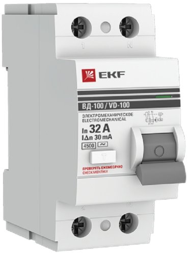 Выключатель дифференциального тока УЗО EKF PROxima ВД-100 2п 32А 30мА 4,5,кА тип AC картинка