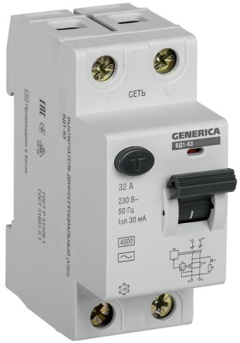 Выключатель дифференциального тока УЗО IEK GENERICA ВД1-63 2п 32А 30мА 4,5,кА тип AC картинка
