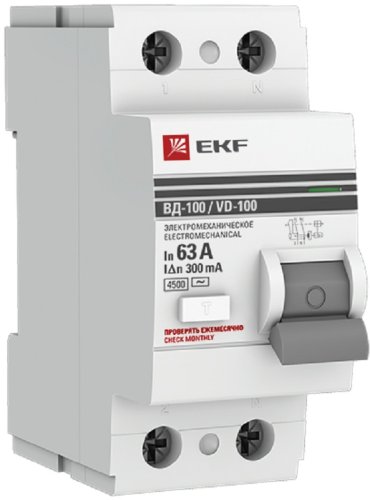 Выключатель дифференциального тока УЗО EKF PROxima ВД-100 2п 63А 300мА 4,5,кА тип AC картинка