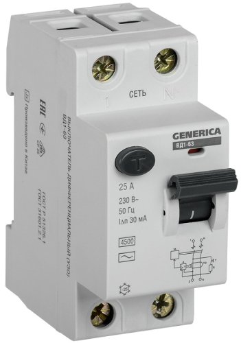 Выключатель дифференциального тока УЗО IEK GENERICA ВД1-63 2п 25А 30мА 4,5,кА тип AC картинка