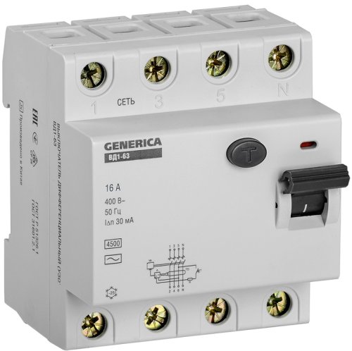 Выключатель дифференциального тока УЗО IEK GENERICA ВД1-63 4п 16А 30мА 4,5,кА тип AC картинка