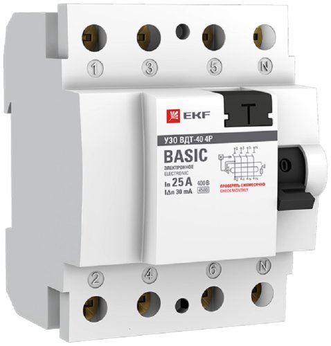 Выключатель дифференциального тока УЗО EKF Basic ВДТ-40 4п 25А 30мА 4,5,кА тип AC картинка