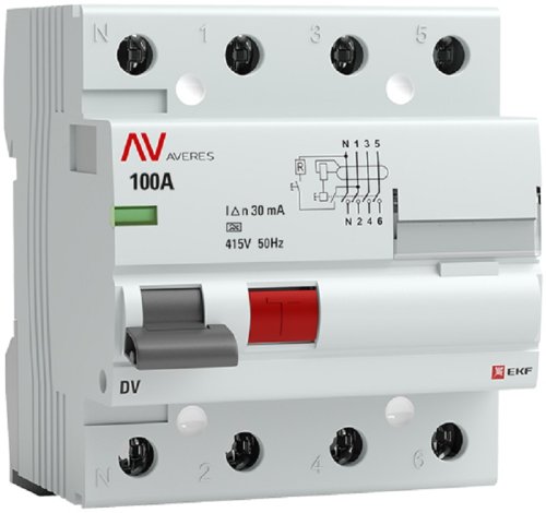 Выключатель дифференциального тока УЗО EKF Averes DV 4п 100А 30мА 10кА тип AC картинка